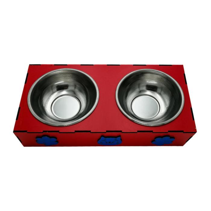 Ahşap İki Gözlü Köpek Mama ve Su Kabı Kırmızı Renk