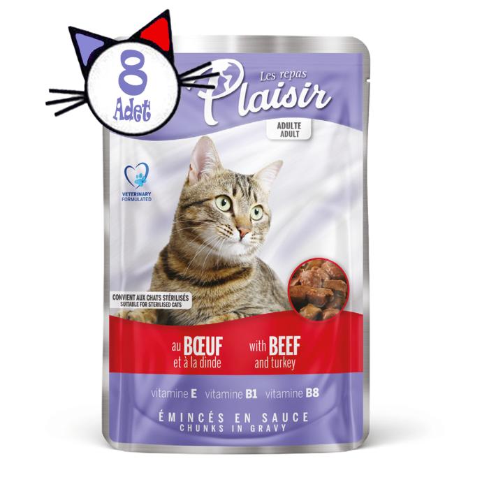 Pouch Sığır Etli&Hindili 100Gr Plaisir Kedi Maması 8Adet