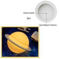 Petinka 3D Print Satürn Dokunmatik Gezegen Ahşap Stantlı 3 Renk USB Şarjlı Gece Lambası (Kumandasız)