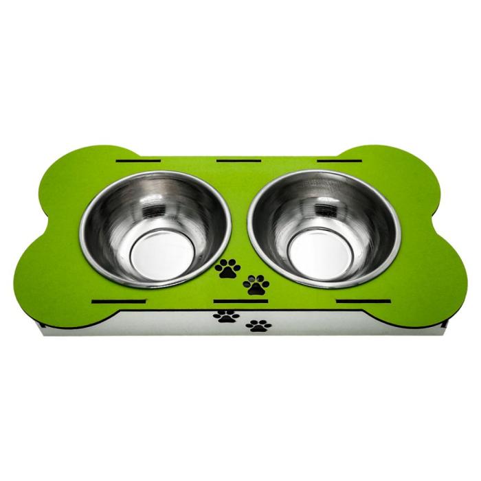 Ahşap İki Gözlü Kedi Mama ve Su Kabı Yeşil Renk