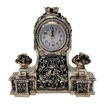 Çiçekli Saat  22cm Dekoratif 925Ayar Gümüş Kaplama Biblo 