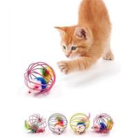 BUFFER® Renkli Metal Kafesli Peluş Fareli Kedi Köpek Oyuncağı Oyun Topu 6 cm