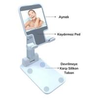 Petİnka® Beyaz  Aynalı Cep Telefonu Sabitleyici Stand Katlanabilir Ayarlanabilir Telefon Standı
